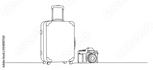 suitcase and camera – travel oneline sketch vector