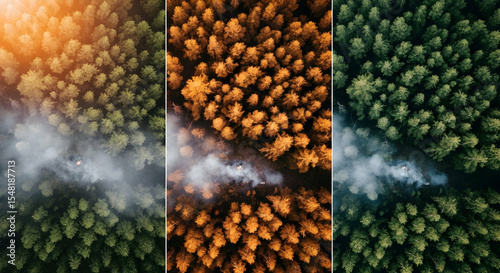 Aerial Forest Seasonal Transition Illustrating Ecosystem Interdependence and Wildfire Smoke