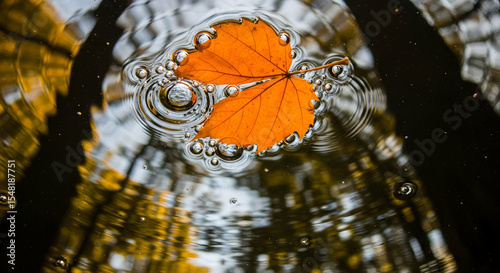 Autumnal Leaf Adorned With Bubbles Floating in Tranquil Rippling Water