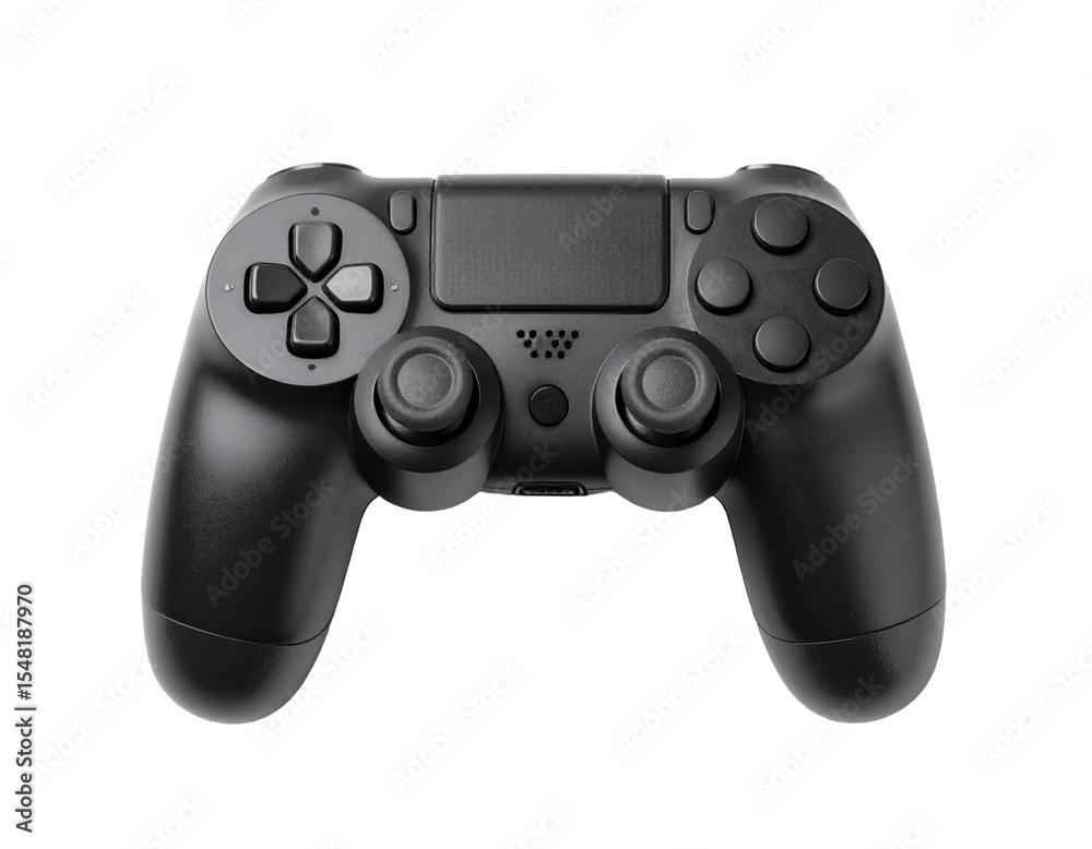 Black gaming controller isolated on white, modern game console accessory. Black gaming controller isolated on white, modern game console accessory.