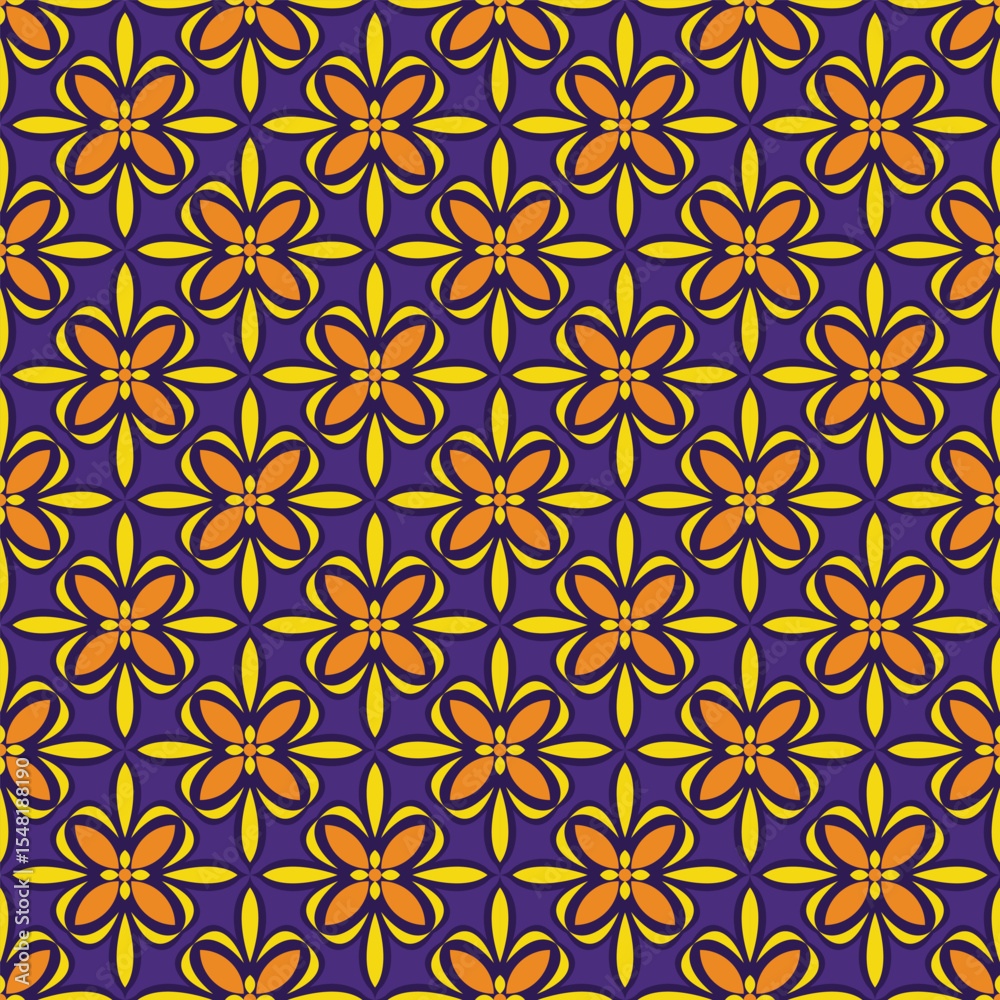 Fototapeta premium Decorative Geometric Flower Floral Seamless Pattern in Orange, Yellow and Purple