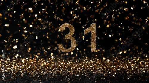 December 31 New Yearâ€™s Eve celebration with golden confetti and sparkling lights on black background, luxury party concept .