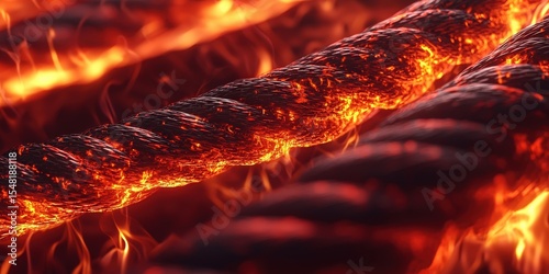 Close-up of a steel cable glowing red-hot, surrounded by intense flames, depicting extreme heat and industrial strength.