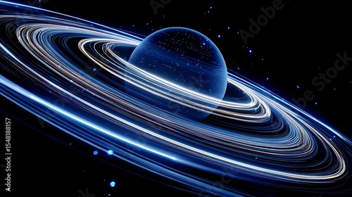 Digital planet with blue light rings orbiting in elliptical paths, motion-tracked from low angle .