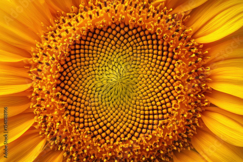 Extreme close-up of sunflower head with spiraled seed pattern and vibrant petals