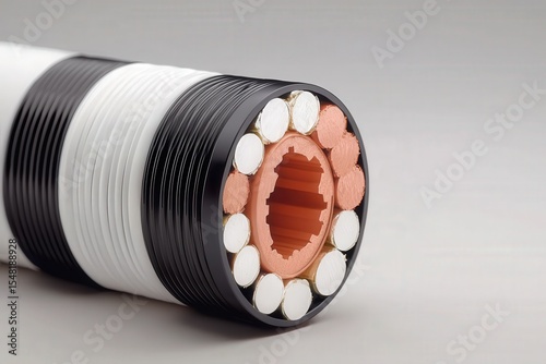 Cross-section of a high-voltage electrical cable showing multiple insulated copper conductors and protective layers.