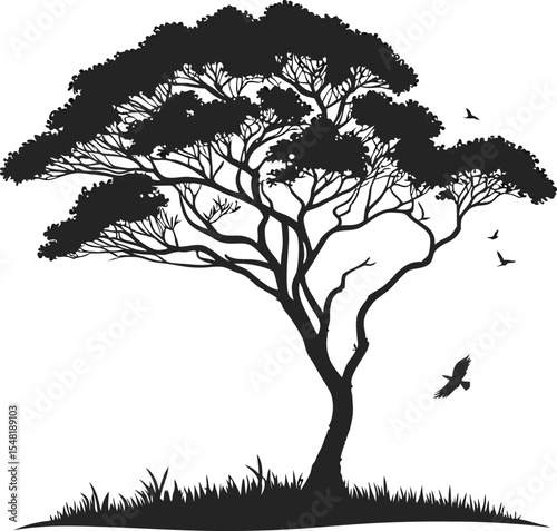 lonely tree silhouette with birds in open nature