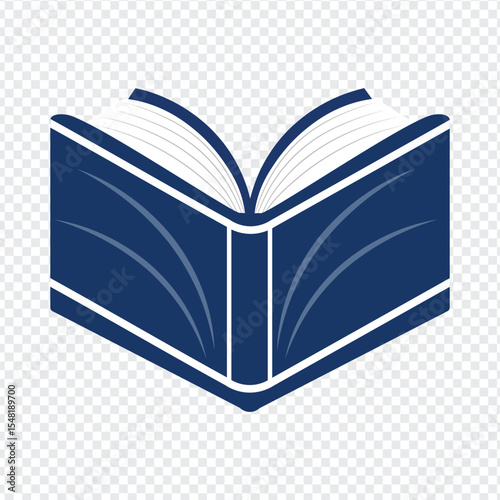 open book icon with dark blue cover and white pages on transparent background