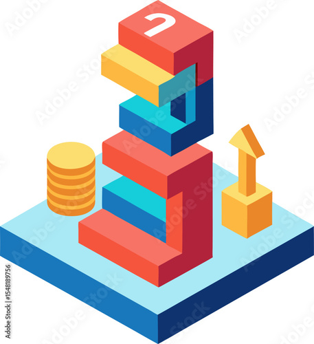 Colorful toy building blocks form a 3D house concept with success and construction, ideal for business charts or playful illustration