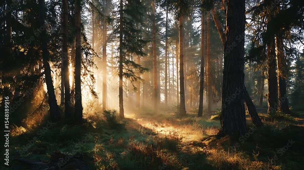 Obraz premium Golden hour sunlight through pine forest trees, misty morning atmosphere, peaceful woodland landscape, natural light, no humans .