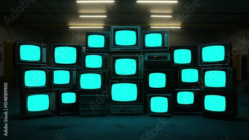 Retro Televisions Wall in a Dark Room
