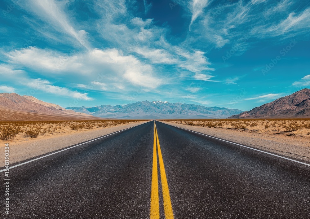 Naklejka premium Empty highway stretching into distant mountains under a vast sky