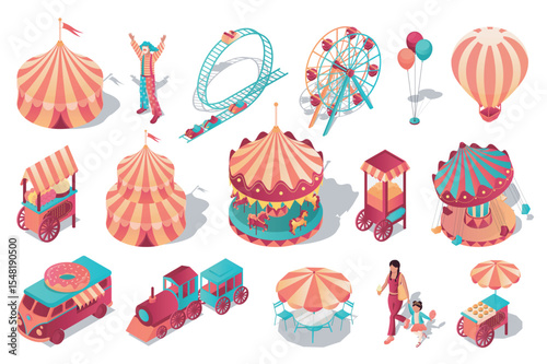 Amusement park 3d isometric set. Collection isolated flat elements of circus tent, clown, roller coaster attraction, ferris wheel, hot air balloon, street vendor kiosks, more. Vector illustration.