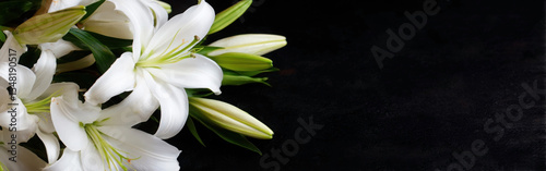 Elegant white lily flowers arranged against a striking black background, perfect for spring celebrations and floral decor. commemorative card, farewell to the deceased