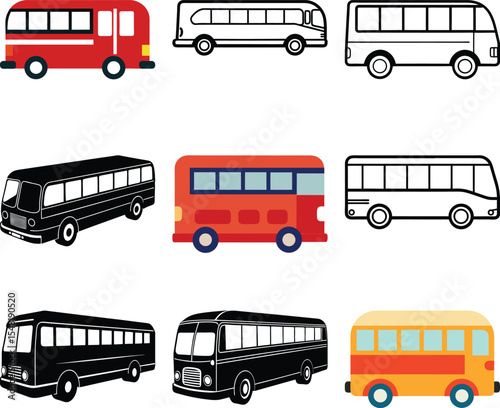 Bus collection: A diverse collection of illustrated buses, each presenting unique designs and styles, ready for transportation and travel.