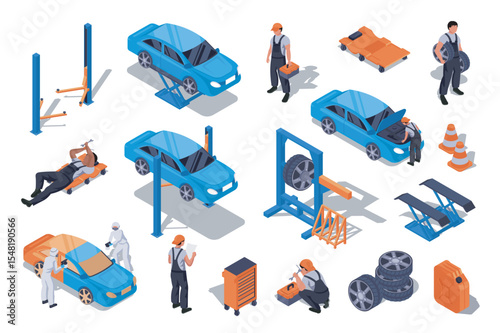 Auto service 3d isometric set. Collection isolated flat elements of garage tools, car lifters, wheel alignment, technicians work, repair equipment, automobile maintenance, more. Vector illustration.
