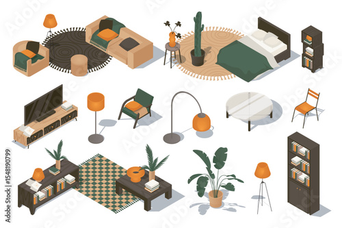 Interior furniture 3d isometric set. Collection isolated flat elements of living room, sofa, armchairs, bedroom, bed, tv on table, chairs, plants in pot, shelf, decoration, more. Vector illustration.