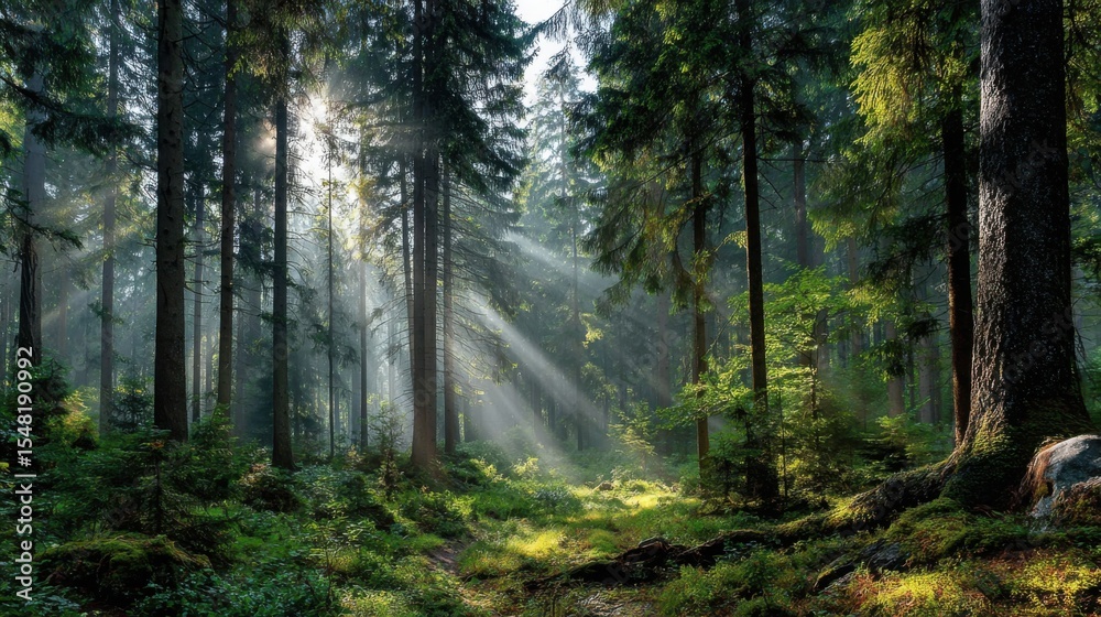 Obraz premium Sunlight streams through the canopy of tall trees in a tranquil forest. The ground is lush with greenery, and the atmosphere is filled with peace and serenity during early morning hours.