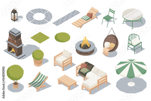 Outdoor furniture 3d isometric set. Collection isolated flat elements of lantern, garden path, lounger, chairs, table, bbq fireplace, potted plant, umbrella, patio, sofa, more. Vector illustration.