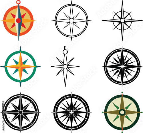 Navigational Compass Collection: A diverse compilation of nine compass illustrations, each meticulously designed to guide the viewer through a journey of exploration and direction.