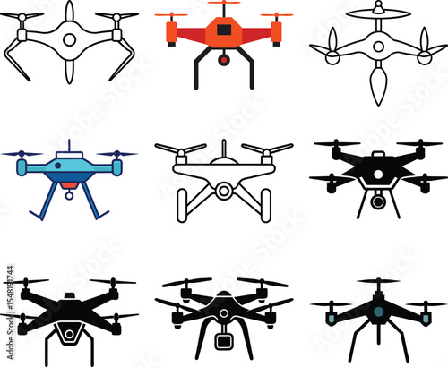 Drone Variety Showcase: A striking grid of various drone designs, each unique in color and style, highlighting the diversity of unmanned aerial vehicles and their potential applications. 