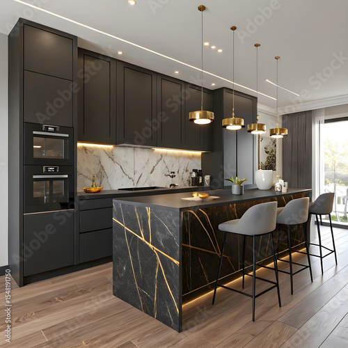 Contemporary open-concept kitchen with matte black cabinetry