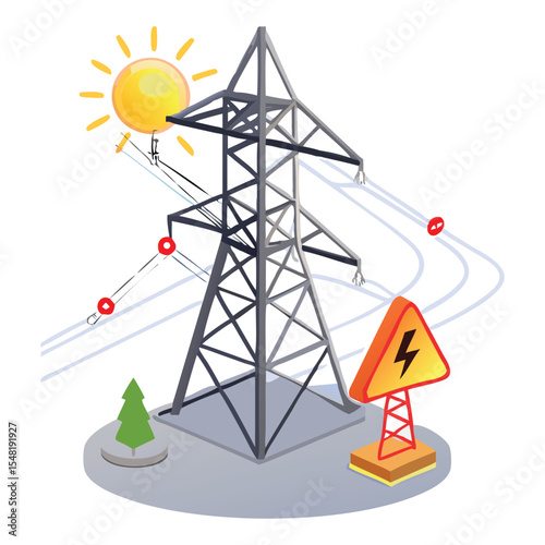 Electricity transmission tower with power lines and warning sign for energy distribution system