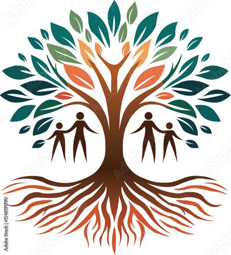 A stylized tree with strong roots and a full canopy symbolizing family by incorporating human figures within its branches and at its base