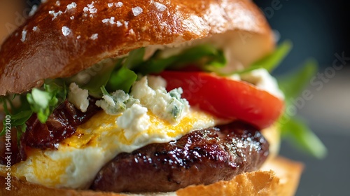 close-up shot of the burger, highlighting its rich texture and creamy mayonnaise sauce with a hint of saltiness from sea salt. .