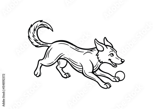 Silhouette of dog chasing after ball isolated on a white background