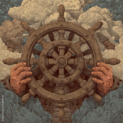 Stormy seas ahead as a pirate captain grips the intricately carved wooden wheel with determination and skill