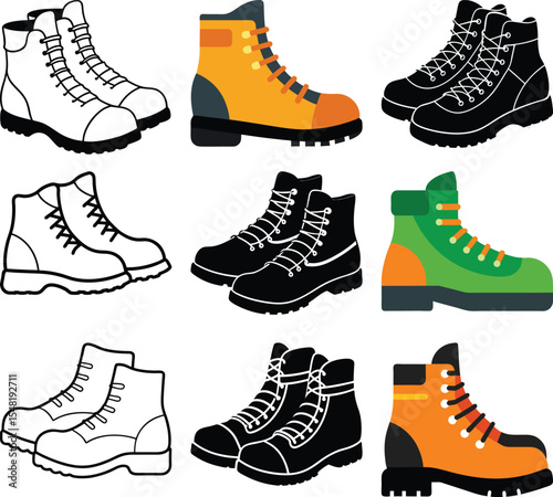 Hiking Boots Collection: A collection of colorful and minimalist illustrations of sturdy hiking boots, perfect for outdoor adventures, showcasing their design and functionality.