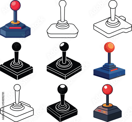 Joystick Variations: A colorful set of illustrations showcasing the classic joystick, capturing the essence of retro gaming