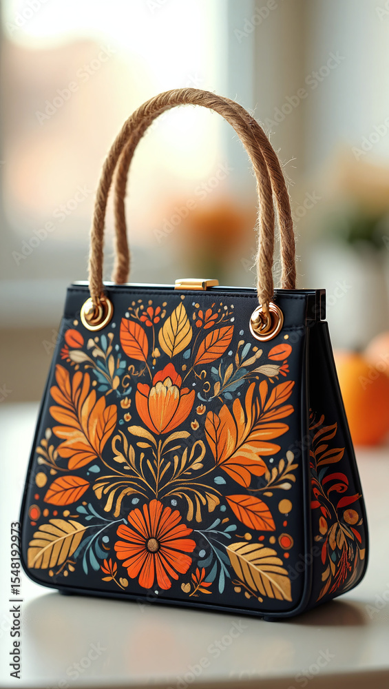 Elegant dark blue handbag adorned with vibrant folk art floral and leaf motifs in warm autumn colors Elegant dark blue handbag adorned with vibrant folk art floral and leaf motifs in warm autumn colors