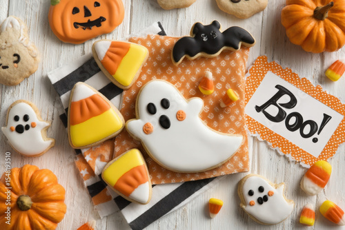 Halloween sweets flatlay with candy corn, ghost cookies, and festive 'boo!' card