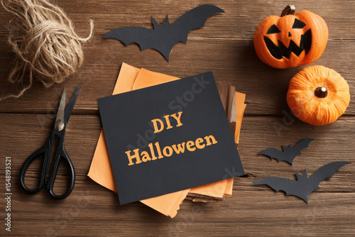 Halloween craft flatlay with pumpkin cutouts, scissors, and diy supplies