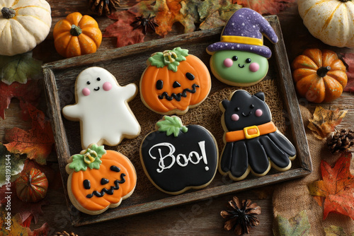 Halloween cookies shaped as ghosts, pumpkins, and witches on rustic autumn table