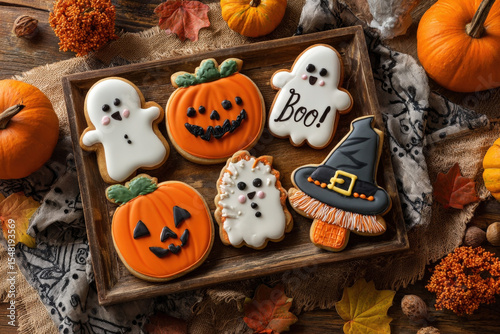 Halloween cookies decorated as ghosts, pumpkins, and witches on rustic wooden table
