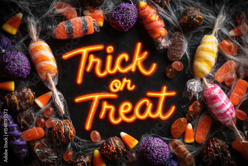 Top view of halloween candy assortment with glowing neon trick or treat sign