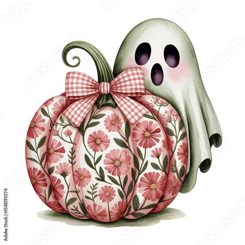 pumpkin adorned with pink flowers and a checkered bow is accompanied by a ghostly figure with glowing eyes.