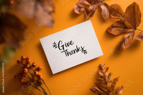 Autumn greeting card mockup with handwritten 'give thanks' quote and dried leaves