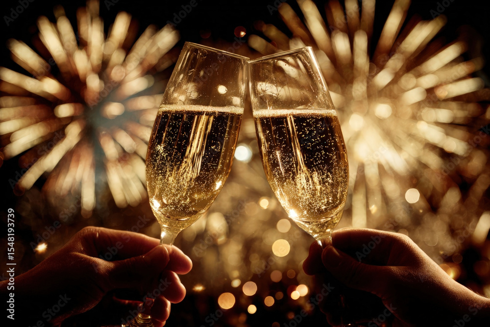 Naklejka premium Two champagne glasses toasting with fireworks and golden 2026 overlay