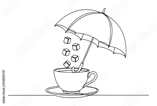surreal cup with umbrella and sugar cubes line art