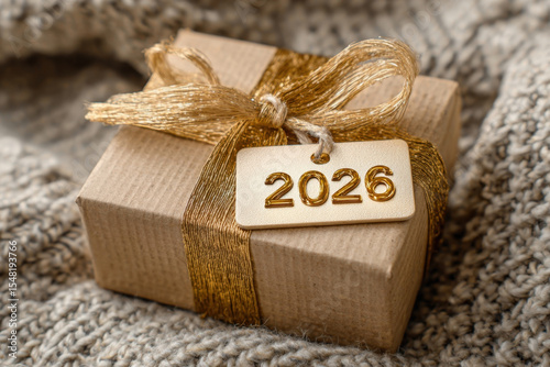 Elegant wrapped gift box with golden ribbon and glowing 2026 tag for new year