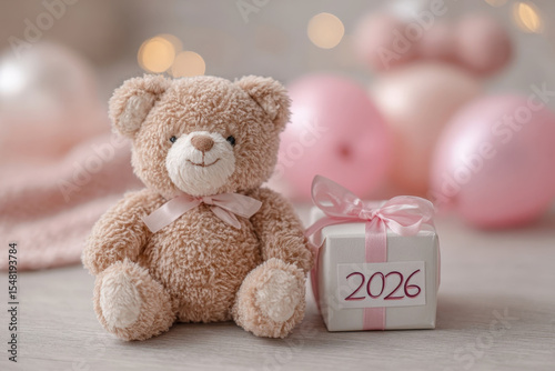 Cozy pastel teddy bear with 2026 gift box in warm festive setting
