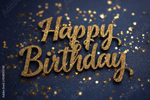 Festive birthday card with gold glitter text on blue glitter background