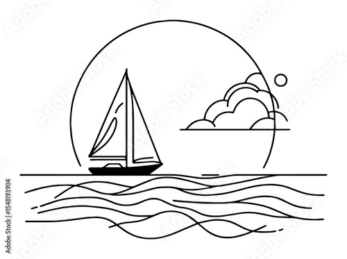sailboat in ocean at sunset line art
