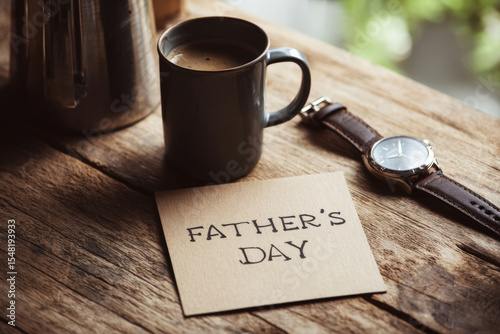 Father's day card with leather watch and coffee on rustic wooden table