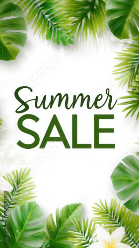 summer background concept, banner, copy space, empty space for text. Vibrant summer sale banner design featuring lush tropical leaves and an eye-catching sale announcement