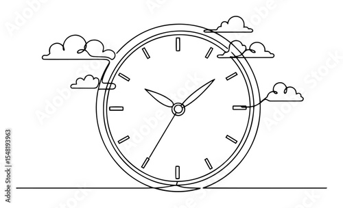 clock with clouds surreal line art illustration